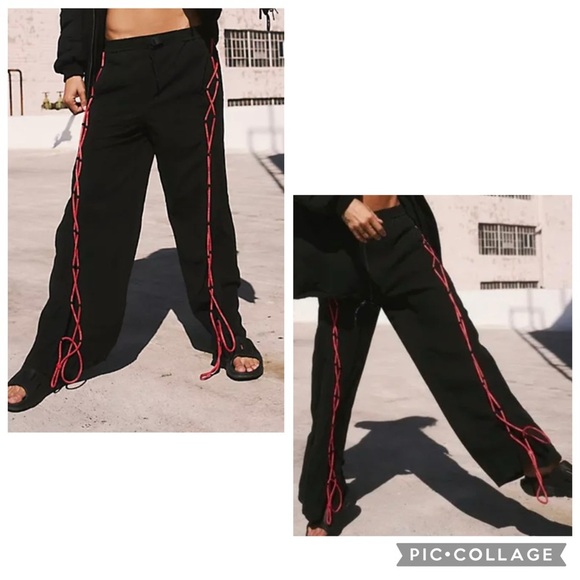 Free People Pants - FREE PEOPLE MOVEMENT Women’s Black KALAHARI Wide Leg Y2K Pants Red Lacing Size S